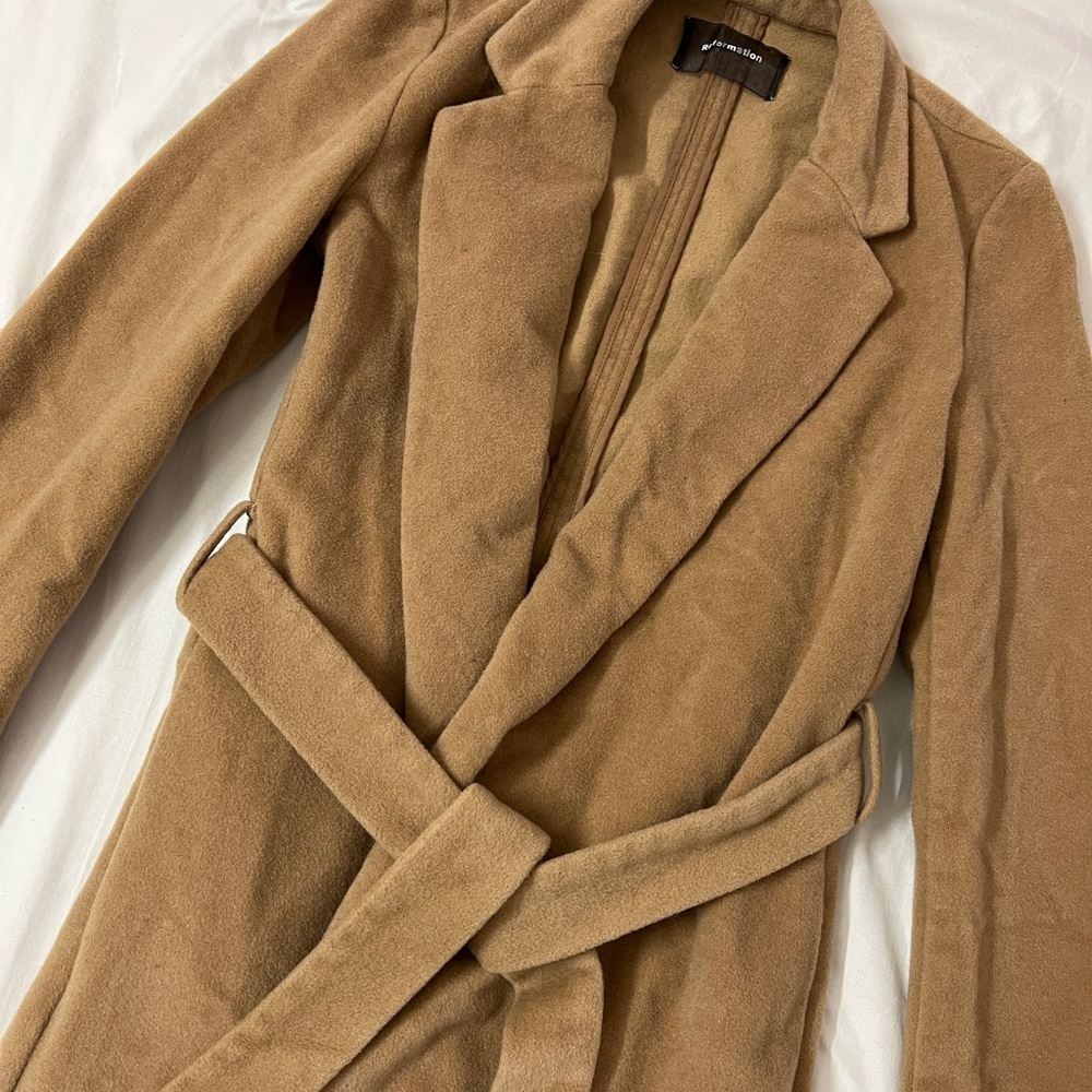 Reformation Barton Belted Wrap Wool Trench Coat Camel Tan